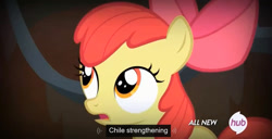 Size: 1358x696 | Tagged: safe, imported from derpibooru, screencap, apple bloom, somepony to watch over me, chile, female, hub logo, meme, solo, youtube caption