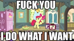 Size: 960x539 | Tagged: safe, edit, edited screencap, imported from derpibooru, screencap, apple bloom, somepony to watch over me, caption, female, image macro, meme, reaction image, solo, table, vulgar