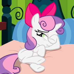 Size: 1072x1072 | Tagged: safe, imported from derpibooru, screencap, sweetie belle, pony, unicorn, somepony to watch over me, accessory swap, apple bloom's bow, bed, bow, butt, cute, diasweetes, female, filly, morning ponies, plot, scrunchy face, sleepy, sleepy belle, solo, sweet dreams fuel, tired, waking up