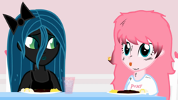 Size: 1018x573 | Tagged: safe, artist:mixermike622, imported from derpibooru, queen chrysalis, oc, oc:fluffle puff, equestria girls, burning, dirty, fire, food, humanized