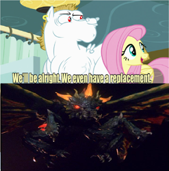 Size: 856x868 | Tagged: safe, edit, edited screencap, imported from derpibooru, screencap, bulk biceps, fluttershy, kaiju, rainbow falls, battra, exploitable meme, godzilla (series), meme, replacement meme