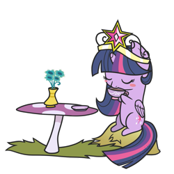 Size: 799x800 | Tagged: safe, artist:freakization, artist:sandra626, imported from derpibooru, twilight sparkle, alicorn, pony, big crown thingy, blush sticker, blushing, chibi, crown, cute, drinking, element of magic, eyes closed, female, flower, grass, hay, hoof hold, mare, mushroom, plate, princess, simple background, sitting, smiling, solo, table, tea, teacup, transparent background, twiabetes, twilight sparkle (alicorn), vase