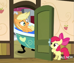 Size: 425x363 | Tagged: safe, imported from derpibooru, apple bloom, applejack, somepony to watch over me, apple closet, bath, bathroom, bathtub, claw foot bathtub, door, exploitable meme, hat, meme, water