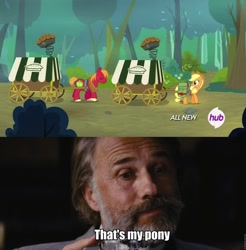 Size: 786x800 | Tagged: safe, imported from derpibooru, applejack, big macintosh, earth pony, pony, somepony to watch over me, cart, django unchained, dr. king schultz, male, meme, stallion, that's my pony