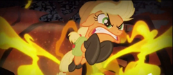 Size: 1901x828 | Tagged: safe, imported from derpibooru, screencap, applejack, season 4, somepony to watch over me, angry, badass, boots, fangs, fire, fireproof boots, floppy ears, gritted teeth, jumping, sharp teeth