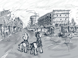 Size: 1024x768 | Tagged: safe, artist:agm, imported from derpibooru, earth pony, pegasus, pony, abandoned, building, butt, monochrome, plot, sketch, tire