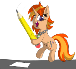 Size: 995x895 | Tagged: safe, artist:magical disaster, imported from derpibooru, oc, oc only, oc:colora paint, pony, bipedal, female, happy, pencil, solo, standing, sword