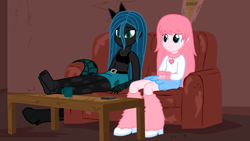 Size: 1366x768 | Tagged: safe, artist:mixermike622, imported from derpibooru, queen chrysalis, oc, oc:fluffle puff, equestria girls, barefoot, couch, dirty, equestria girls-ified, feet, feet on table, humanized, shoes off, shoes removed, socks removed, soles, table, youtube link