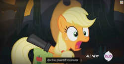 Size: 1600x830 | Tagged: safe, imported from derpibooru, screencap, applejack, somepony to watch over me, female, fireproof boots, hub logo, meme, saddle bag, solo, youtube caption