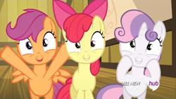 Size: 1440x810 | Tagged: safe, imported from derpibooru, screencap, apple bloom, scootaloo, sweetie belle, somepony to watch over me, cutie mark crusaders, excited, happy, hub logo