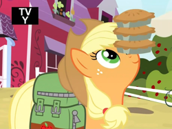 Size: 1030x770 | Tagged: safe, imported from derpibooru, screencap, applejack, somepony to watch over me, balancing, carrying, female, food, pie, ponies balancing stuff on their nose, saddle bag, solo, working