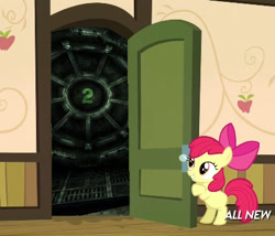 Size: 425x363 | Tagged: safe, imported from derpibooru, apple bloom, fallout equestria, somepony to watch over me, apple closet, door, exploitable meme, female, meme, solo, vault