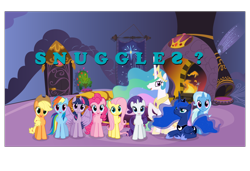 Size: 1280x875 | Tagged: safe, imported from derpibooru, applejack, fluttershy, pinkie pie, princess celestia, princess luna, rainbow dash, rarity, trixie, twilight sparkle, alicorn, pony, blue text, celestias room, female, hugpony poses, imma snuggle you, mare, snuggles?, snuggling, twilight sparkle (alicorn)