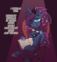 Size: 500x549 | Tagged: safe, artist:herny, imported from derpibooru, princess luna, luna-afterdark, armchair, braille, chair, dialogue, female, glasses, lidded eyes, looking at you, open mouth, sitting, solo, spread wings, tumblr