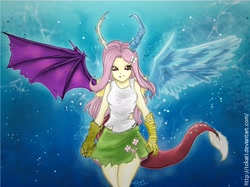 Size: 2668x1996 | Tagged: safe, artist:tokatl, imported from derpibooru, fluttershy, draconequus, equestria girls, blue background, chaos, clawed humanization, clothes, disshy, draconequified, female, flutterequus, humanized, mismatched wings, simple background, skirt, solo, species swap, tailed humanization, tanktop, torn clothes, winged humanization