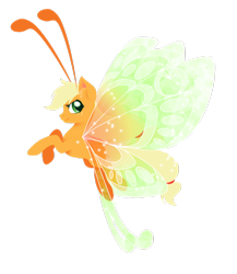 Size: 1024x1180 | Tagged: safe, artist:fuyusfox, imported from derpibooru, applejack, breezie, applebreezie, breeziefied, colored wings, female, flying, gradient wings, simple background, solo, sparkly wings, species swap, wings