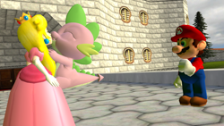 Size: 1280x720 | Tagged: safe, imported from derpibooru, spike, 3d, angry, crack shipping, crossover, crossover shipping, female, gmod, infidelity, kissing, male, mario, nintendo, peke, princess peach, shipping, straight, super mario 64, super mario bros.