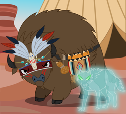 Size: 3418x3092 | Tagged: safe, artist:cheezedoodle96, imported from derpibooru, oc, oc only, oc:kohana, oc:laughing water, buffalo, ghost, wolf, bag, buffalo oc, canteen, dungeons and dragons, fantasy class, gourd, headdress, roleplaying, shaman, skull, spirit, spirit animal, tipi, vector, war paint