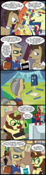 Size: 551x2100 | Tagged: safe, artist:madmax, imported from derpibooru, doctor whooves, flam, flim, time turner, oc, oc:madmax, earth pony, pony, unicorn, artist, bbc, belly button, clothes, comic, copyright, doctor who, female, hasbro, implied diarrhea, lawyer, levitation, magic, male, mare, meta, stallion, sweat, tardis, telekinesis, the last supper