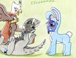 Size: 1019x784 | Tagged: safe, artist:the1king, imported from derpibooru, oc, oc only, oc:azure night, oc:crater, oc:moonshine, oc:nightengale, dragon, griffon, pony, unicorn, zebra, bunny costume, clothes, easter