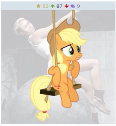 Size: 255x277 | Tagged: safe, artist:masem, imported from derpibooru, applejack, derpibooru, april fools, cagebooru, exploitable meme, juxtaposition, juxtaposition win, meme, meta, miley cyrus, nicolas cage, swinging
