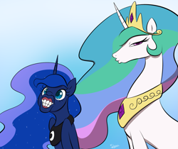 Size: 1165x978 | Tagged: safe, artist:slypon, imported from derpibooru, princess celestia, princess luna, alicorn, pony, bedroom eyes, duckface, faic, flehmen response, grin, hoers, horses doing horse things, looking at you, majestic as fuck, smiling, wat
