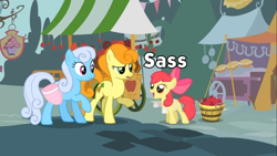Size: 640x360 | Tagged: safe, imported from derpibooru, screencap, apple bloom, carrot top, golden harvest, linky, shoeshine, call of the cutie, image macro, meme, sassle bloom, sassy