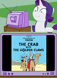 Size: 563x771 | Tagged: safe, imported from derpibooru, rarity, camel, crab, giant crab, captain haddock, disturbed rarity, exploitable meme, meme, milou, obligatory pony, rarity fighting a giant crab, snowy, the adventures of tintin, the crab with the golden claws, tintin, tv meme