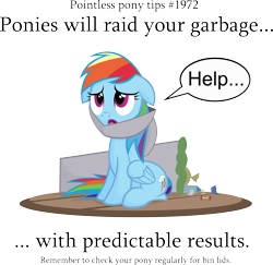 Size: 3283x3189 | Tagged: dead source, safe, artist:jittery-the-dragon, imported from derpibooru, rainbow dash, pegasus, pony, cute, dashabetes, female, floppy ears, frown, looking up, mare, open mouth, pointless pony tips, rainbow trash, rubbish, sad, simple background, sitting, solo, stuck, transparent background, trash, trash can, trash can lid
