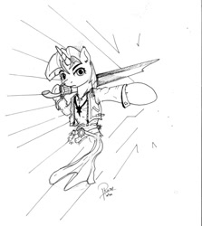 Size: 844x946 | Tagged: safe, artist:php64, imported from derpibooru, twilight sparkle, semi-anthro, clothes, female, final fantasy, gunblade, jacket, monochrome, solo, squall leonhart, sword, traditional art