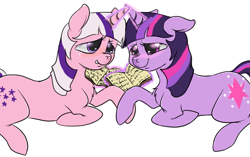 Size: 1071x671 | Tagged: safe, artist:colorlesscupcake, imported from derpibooru, twilight, twilight sparkle, blushing, chest fluff, duo, eye contact, female, floppy ears, g1, grin, holding hooves, horns are touching, lesbian, magic, prone, selfcest, shipping, smiling, telekinesis