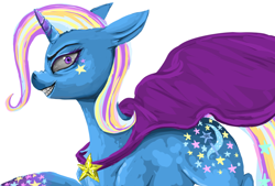 Size: 974x659 | Tagged: safe, artist:colorlesscupcake, imported from derpibooru, trixie, pony, unicorn, female, grin, mare, rainbow power, rainbow power-ified, solo