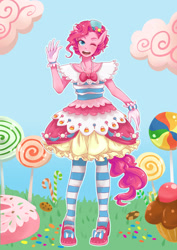 Size: 2480x3507 | Tagged: safe, artist:buryooooo, imported from derpibooru, pinkie pie, anthro, ambiguous facial structure, clothes, dress, female, gala dress, gloves, pixiv, solo