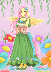 Size: 2480x3507 | Tagged: safe, artist:buryooooo, imported from derpibooru, fluttershy, anthro, clothes, dress, female, gala dress, human facial structure, pixiv, solo