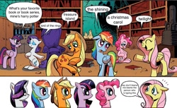 Size: 800x490 | Tagged: safe, imported from derpibooru, applejack, fluttershy, pinkie pie, rainbow dash, rarity, twilight sparkle, alicorn, pony, a christmas carol, book, exploitable meme, female, fourth wall, harry potter, harry potter (series), lord of the rings, mane 6 interests, mane six, mare, meme, the shining, treasure island, twilight (series), twilight sparkle (alicorn)