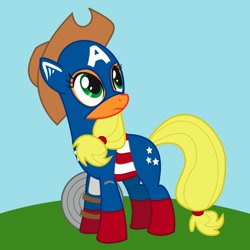 Size: 800x800 | Tagged: safe, artist:t-jumblr, imported from derpibooru, applejack, captain america, crossover, female, looking back, parody, solo