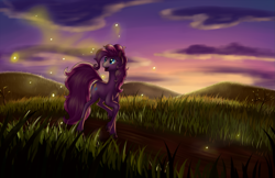 Size: 2125x1375 | Tagged: safe, artist:grennadder, imported from derpibooru, pinkie pie, firefly (insect), female, grass, scenery, solo, sunset