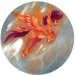 Size: 1128x1144 | Tagged: safe, artist:-fuchs-, imported from derpibooru, scootaloo, colored, feather, female, fluffy, flying, scootaloo can fly, smiling, solo, spread wings, traditional art, unshorn fetlocks