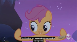 Size: 637x355 | Tagged: safe, edit, edited screencap, imported from derpibooru, screencap, scootaloo, pony, sleepless in ponyville, caption, female, hub logo, meme, solo, text, youtube caption