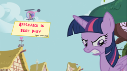 Size: 960x540 | Tagged: safe, edit, imported from derpibooru, screencap, applejack, cherry berry, twilight sparkle, alicorn, pony, testing testing 1-2-3, angry, aviator hat, best pony, female, frown, gritted teeth, hat, helicopter, mare, op is trying to start shit, pedalcopter, sign, twilight sparkle (alicorn)