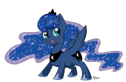 Size: 1024x667 | Tagged: safe, artist:yoonny92, imported from derpibooru, princess luna, chibi, female, filly, open mouth, simple background, smiling, solo, spread wings, woona