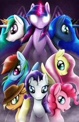 Size: 3300x5100 | Tagged: safe, artist:spiritofthwwolf, imported from derpibooru, applejack, fluttershy, pinkie pie, princess celestia, princess luna, rainbow dash, rarity, twilight sparkle, alicorn, pony, female, glowing eyes, mane six, mare, twilight sparkle (alicorn)