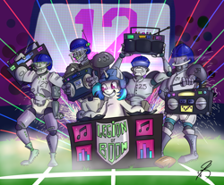 Size: 4000x3319 | Tagged: safe, artist:jorobro, imported from derpibooru, dj pon-3, vinyl scratch, 12th man, american football, boombox, brandon browner, earl thomas, legion of boom, nfl, richard sherman, robots, seattle seahawks