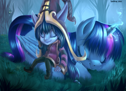 Size: 1100x800 | Tagged: safe, artist:dzmaylon, imported from derpibooru, twilight sparkle, alicorn, pony, crossover, cute, eyes closed, female, grass, league of legends, lulu (league of legends), magic, mare, prone, sitting, sleeping, smiling, twilight sparkle (alicorn), veigar