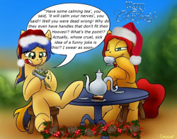 Size: 1008x791 | Tagged: safe, artist:conicer, artist:merlos the mad, edit, imported from derpibooru, oc, oc:erin olsen, oc:mary morris, oc:sunflower, fanfic:my little marriage, fanfic:project sunflower, christmas, crossover, fanfic art, my little marriage