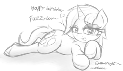 Size: 7023x4063 | Tagged: safe, artist:jetwave, imported from derpibooru, oc, oc only, oc:glimmerlight, pony, fallout equestria, fallout equestria: murky number seven, absurd resolution, bedroom eyes, birthday gift, heart, monochrome, sketch, solo