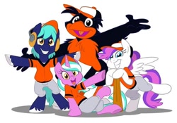 Size: 500x349 | Tagged: artist needed, safe, artist:nanook123, imported from derpibooru, oc, oc only, oc:blank canvas, oc:hoof beatz, oc:mane event, earth pony, pegasus, unicorn, baltimore, baltimore orioles, baseball, bronycon mascots, earth pony oc, hoofevent, horn, mlb, oriole bird, pegasus oc, pose, simple background, unicorn oc, white background