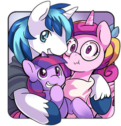 Size: 650x676 | Tagged: safe, artist:ende26, imported from derpibooru, princess cadance, shining armor, twilight sparkle, ask high school cadance, cute, filly, glasses, hug, scrunchy face