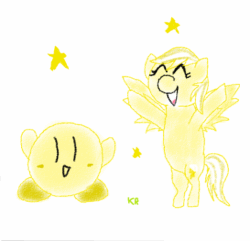 Size: 546x527 | Tagged: safe, artist:kirbyrainboom, imported from derpibooru, rainbow dash, pony, animated, bipedal, female, golden, kirby, kirby (character), kirby (series), puffball, stars