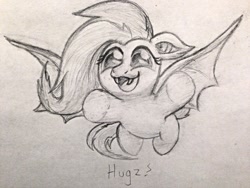 Size: 1032x774 | Tagged: dead source, safe, artist:privia, imported from derpibooru, fluttershy, :3, bronybait, chibi, cute, fangs, female, flutterbat, flying, hug, hug request, monochrome, open mouth, shyabetes, sketch, smiling, solo, spread wings, traditional art